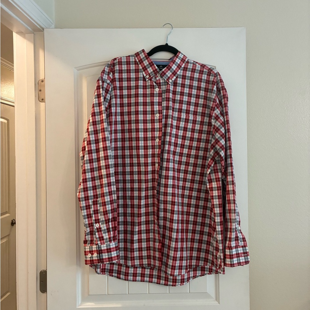 Men's Red and White Plaid Button-Down Shirt